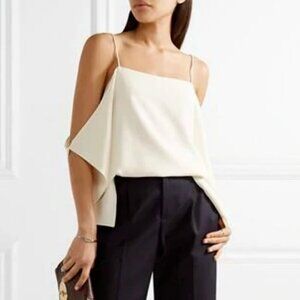 Theory Cold Shoulder Rosina Top Womens Medium Ivory Sleeveless Crepe Blouse